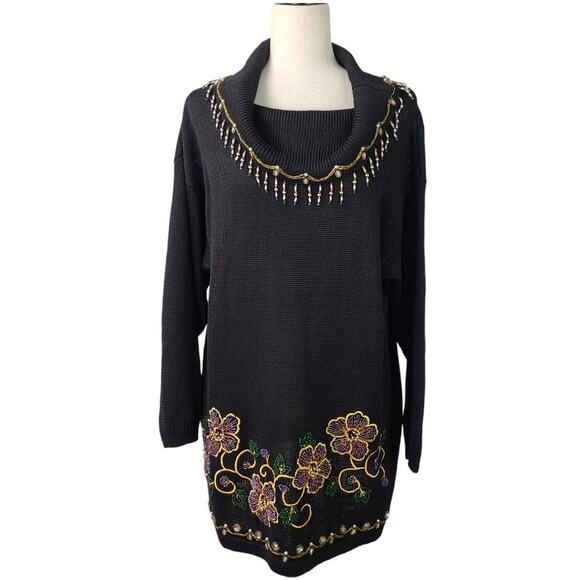Victoria Jones Black Red Gold Bling Beads Baubles Vintage Tunic Sweater Dress M - Picture 1 of 5
